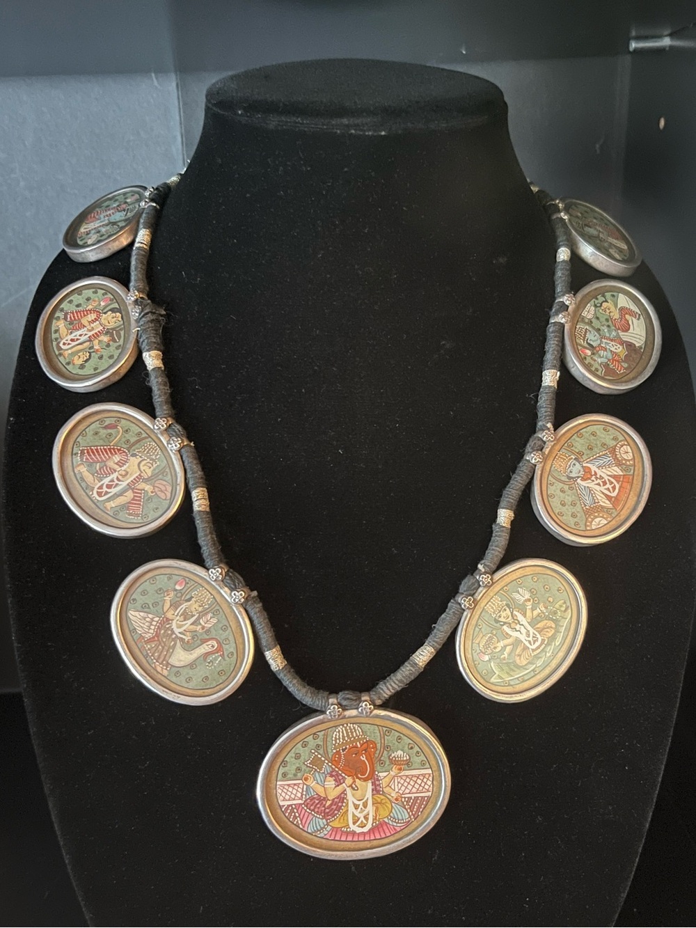 Antique Oval Handpainted Indian God Depiction in Silver Case Black Cord Necklace